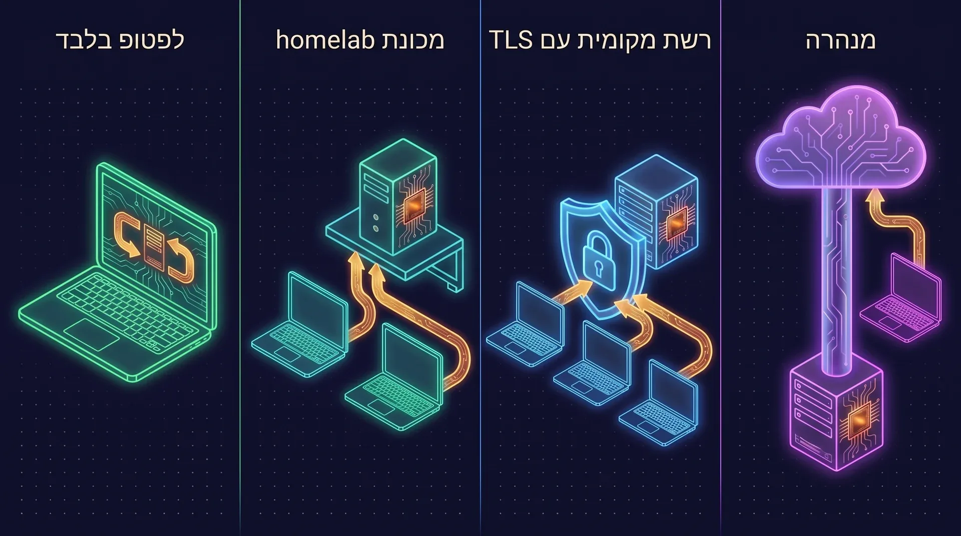 ארבע טופולוגיות פריסה זו לצד זו: לפטופ בלבד שהשרת רץ בתוכו, מכונת homelab ששני לפטופים מתחברים אליה, שרת LAN שמגן TLS עומד לפניו, ושרת שמגיעים אליו דרך tunnel יוצא לקצה של ענן.