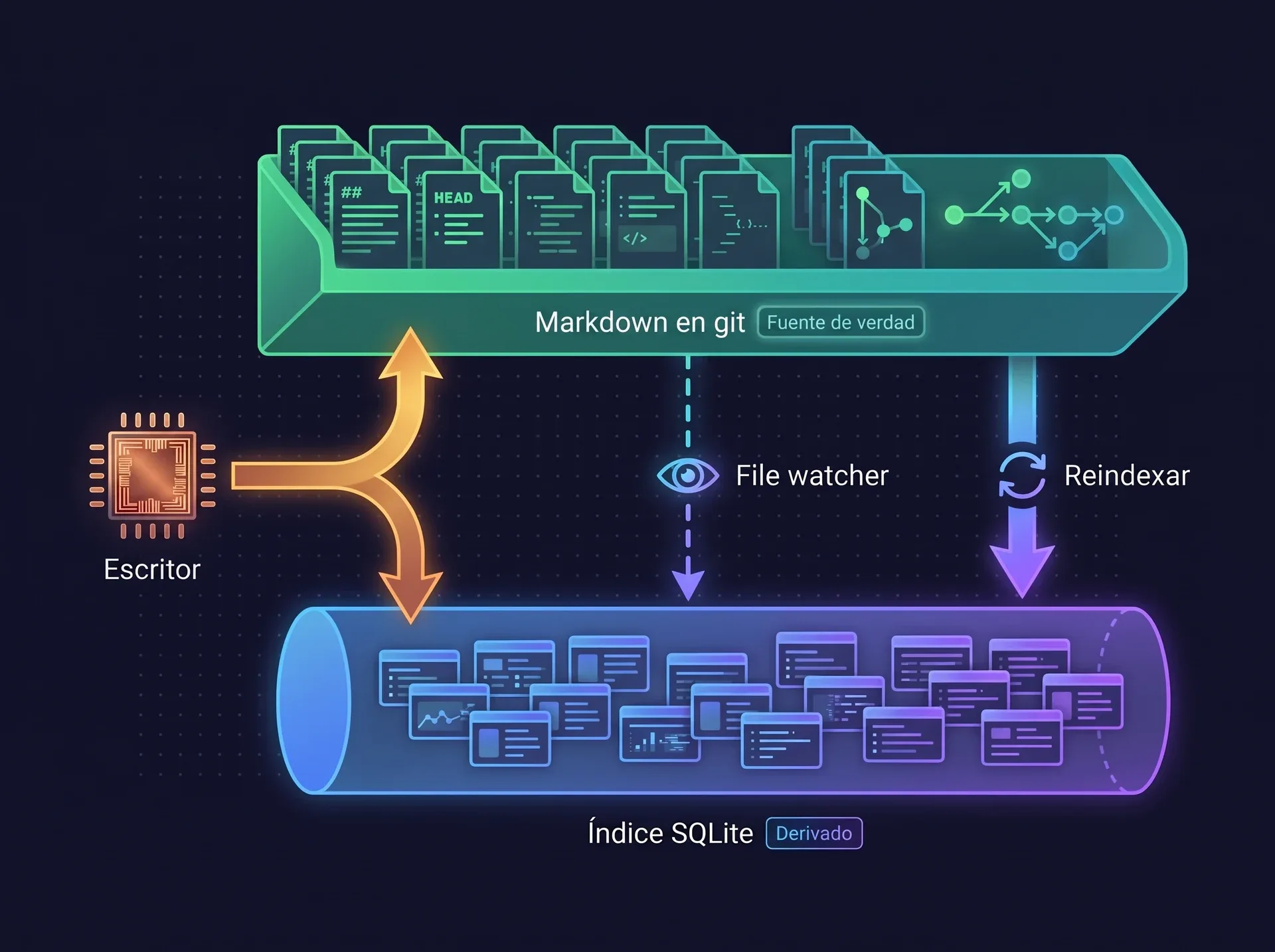 Diagrama: un estante de páginas markdown en git, marcado como Fuente de verdad, está encima de un índice SQLite marcado como Derivado. El escritor alimenta a los dos. Una flecha discontinua del file watcher y una flecha continua de reindex apuntan del markdown hacia el índice.