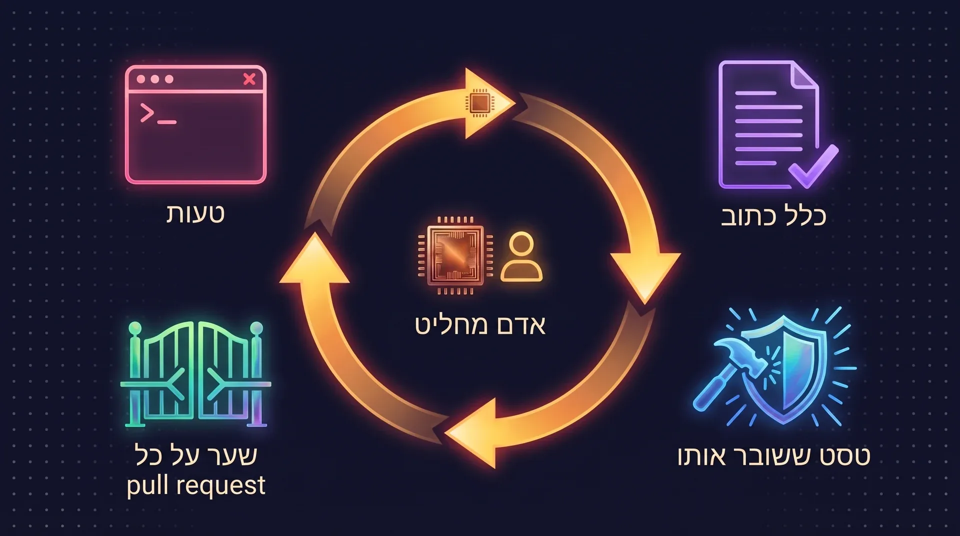 תרשים: לולאה בארבעה שלבים. טעות הופכת לכלל כתוב, הכלל מקבל טסט שמנסה לשבור אותו, והטסט רץ כשער על כל pull request. אדם יושב במרכז ומחליט.