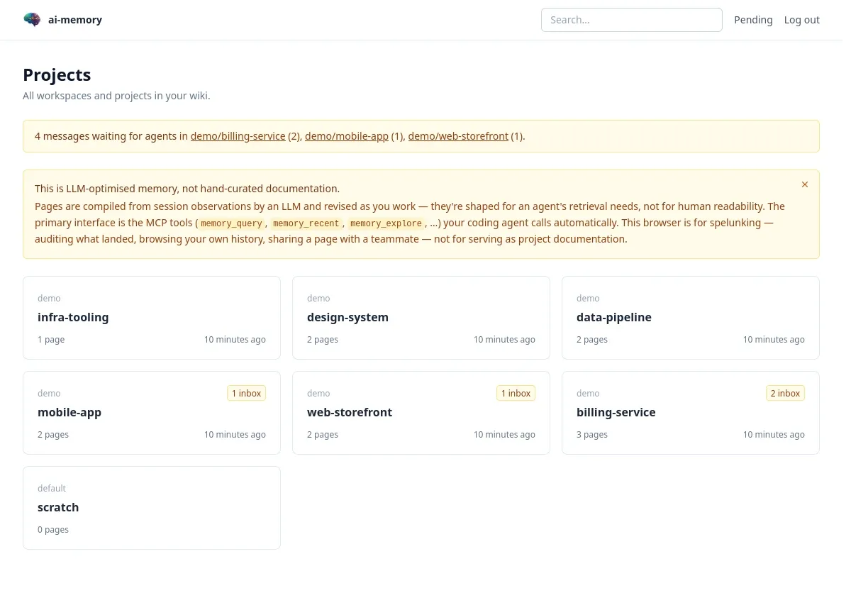 Screenshot of the web UI home: a grid of project cards under a demo workspace, three with an amber inbox badge, and a banner explaining that the pages are memory compiled for an agent rather than documentation.